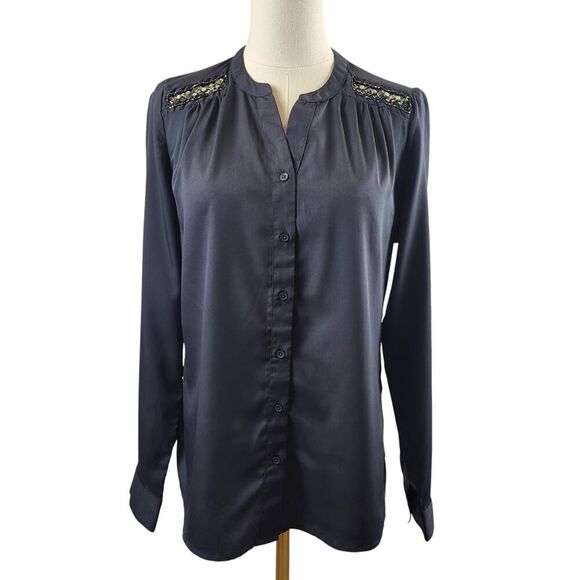 Jacklyn Smith Small Slate Blue Blouse Beaded Shoulders Button Shirred Front Glam - Picture 3 of 11